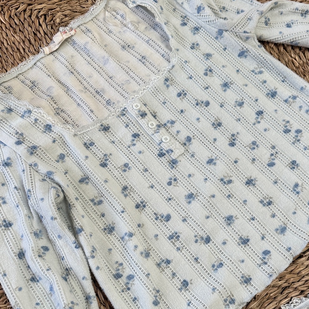 Women’s Pointelle Light Blue Floral Long Sleeve Pajama Set